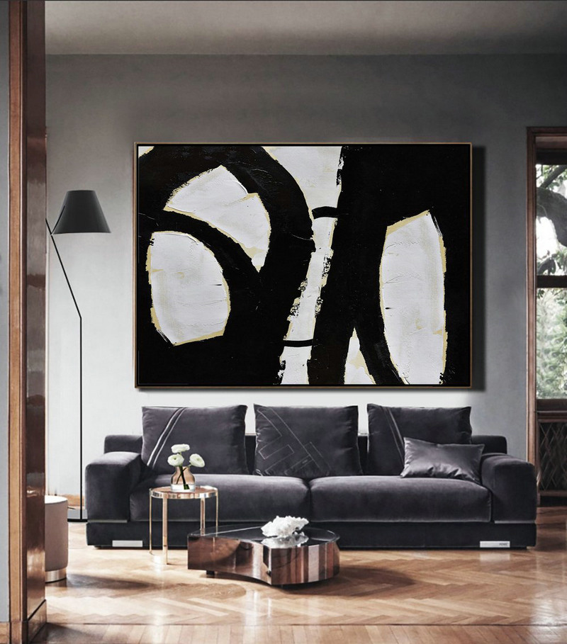 Large Canvas Wall Art For Sale,Horizontal Palette Knife Minimal Canvas Art Painting Black White Beige - Hand Made Original Art